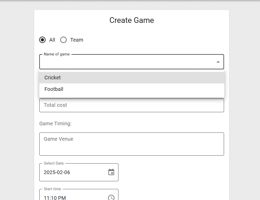 Create Game Form